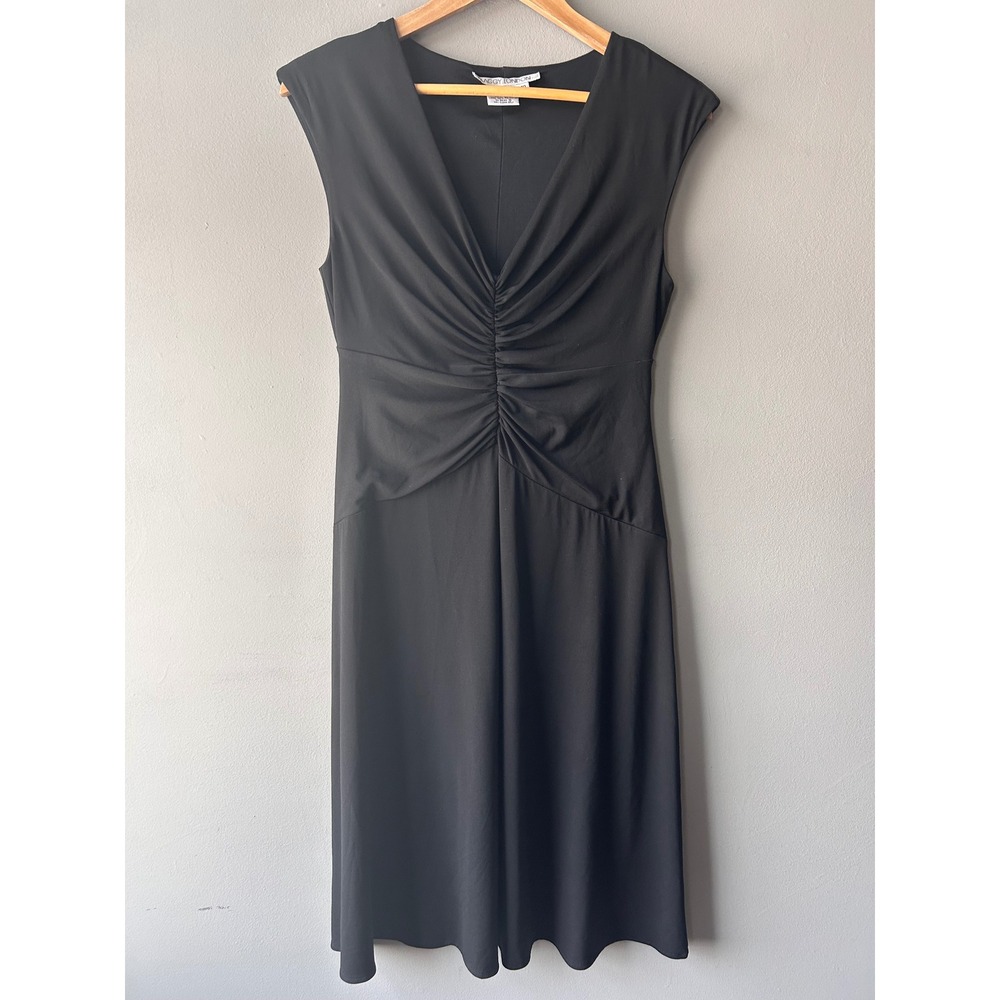 Maggy London Black Ruched V-Neck Sleeveless Midi Dress Size 10 Stretch Jersey